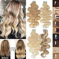 MY-LADY Tape in Natural Russian Human Hair Extensions Curly Body Wavy Glue Highlight Hairpiece US Stock 20PCS 20 #60 Platinum Blonde