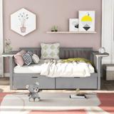 Full Wood Sofa Bed Daybed with 2 Drawers and 2 Extra Connected Small Coffee Table Shelf, Grey