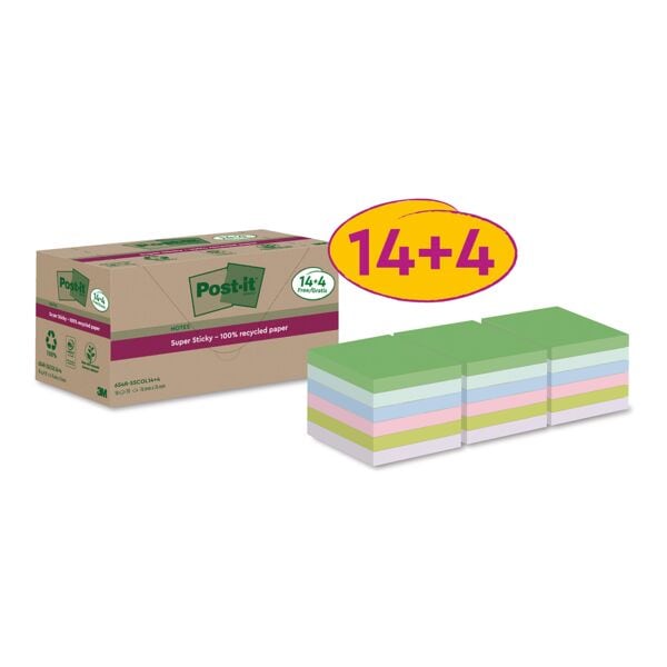 Post-it Super Sticky Recycling 14 + 4 Haftnotizblöcke »Super Sticky Recycling Notes« 7,6 x 7,6 cm Image