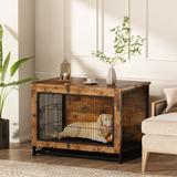 Tucker Murphy Pet™ Industrial Style Rustic Wooden Dog Kennel w/ Three Doors, Indoor Pet Furniture Dog Crate End Table Wood in Brown | Wayfair