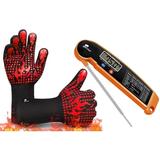 Renewgoo GooChef FlameOn BBQ Grilling Bundle with Heat Resistant Silicone Gloves Oven Mitts and Instant Read Digital Wireless Kitchen Meat Thermometer Cooking Baking Smoking