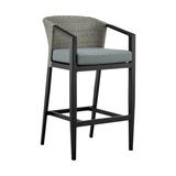 Armen Living Palma Outdoor Patio Bar Stool in Aluminum and Wicker with Grey Cushions
