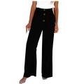 Cotton Linen Pants for Women Summer Comfy Casual Wide Leg Smocked Elastic High Waisted Solid Button Palazzo Trousers Black