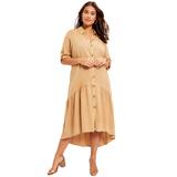 Plus Size Women's Ruffled Shirt Dress by June+Vie in Soft Camel (Size 10/12)