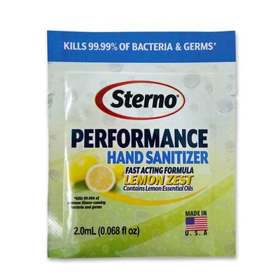 Sterno 20764 2 ml 70% Alcohol Gel Hand Sanitizer Packets, Lemon Zest Scent, 2000/Case