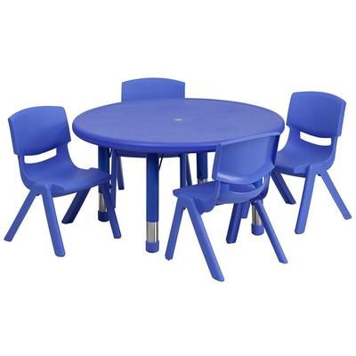 Flash Furniture YU-YCX-0073-2-ROUND-TBL-BLUE-E-GG 33" Round Preschool Activity Table & 4 Chair Set - Plastic Top, Blue