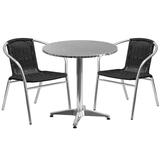 Flash Furniture TLH-ALUM-28RD-020BKCHR2-GG 27 1/2" Round Patio Table & (2) Black Rattan Arm Chair Set - Stainless Top, Aluminum Base
