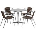 Flash Furniture TLH-ALUM-28SQ-020CHR4-GG 27 1/2" Square Patio Table & (4) Brown Rattan Arm Chair Set - Stainless Top, Aluminum Base, Stainless Steel