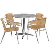 Flash Furniture TLH-ALUM-32RD-020BGECHR4-GG 31 1/2" Round Patio Table & (4) Beige Rattan Arm Chair Set - Stainless Top, Aluminum Base, Stainless Steel