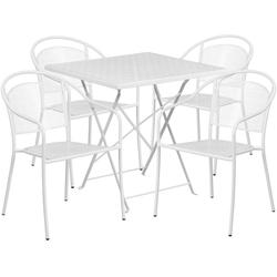 Flash Furniture CO-28SQF-03CHR4-WH-GG 28" Square Folding Patio Table & (4) Round Back Arm Chair Set - Steel, White