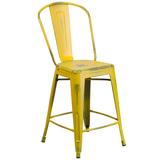 Flash Furniture ET-3534-24-YL-GG Contemporary Counter Height Commercial Bar Stool w/ Curved Back & Metal Seat, Distressed Yellow
