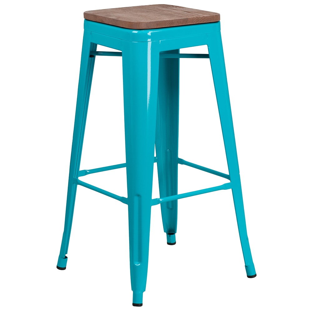 Flash Furniture ET-BT3503-30-CB-WD-GG Industrial Backless Commercial Bar Stool w/ Wood Seat, Crystal Teal Blue