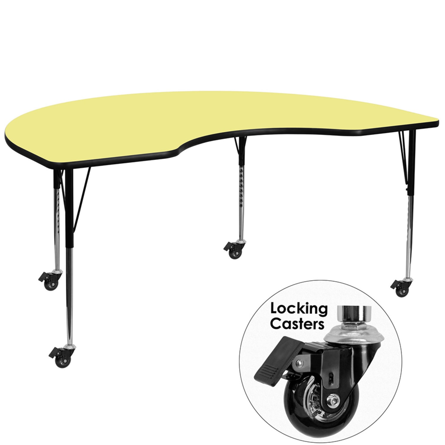 Flash Furniture XU-A4896-KIDNY-YEL-T-A-CAS-GG Kidney Shaped Mobile Activity Table - 96"L x 48"W, Laminate Top, Yellow