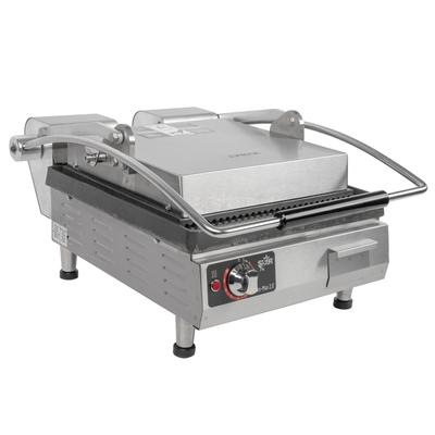 Star PGT14I 120/1 Single Commercial Panini Press w/ Cast Iron Grooved Plates, 120v, Grooved Cast Iron Plates, Stainless Steel