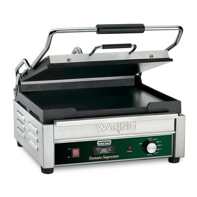 Waring WFG250T Single Commercial Panini Press w/ Cast Iron Smooth Plates, 120v, 14.5" x 11" Cooking Surface, Smooth Cast Iron Plates, Stainless Steel