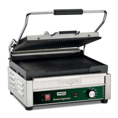 Waring Single Commercial Panini Press w/ Cast Iron Grooved Plates, 208v/1ph, Ribbed Plates, Stainless Steel