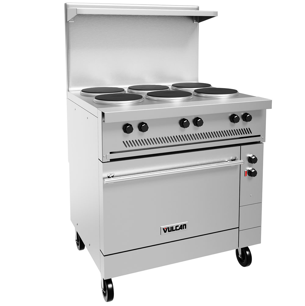 Vulcan EV36S-6FP480 36" EV Series Commercial Electric Range w/ 6 French Hot Plates, 480v/1ph/3ph, Stainless Steel