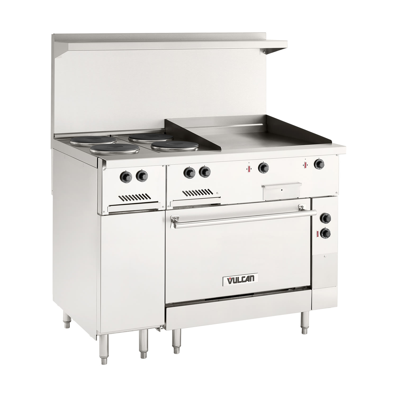 Vulcan EV48S-4FP24G480 48" EV Series Commercial Electric Range w/ 4 French Hot Plates & Griddle, 480v/1ph/3ph, Stainless Steel