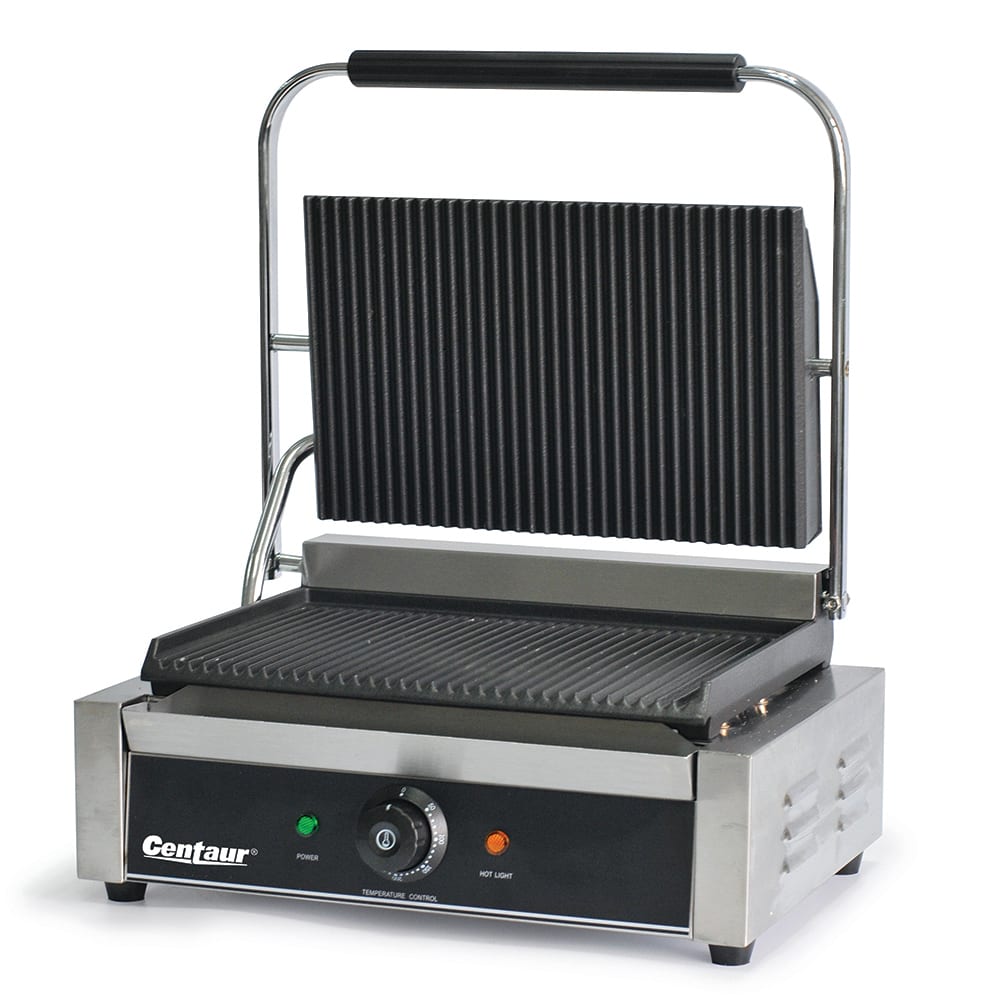 Centaur CEN-PAN10 Single Commercial Panini Press w/ Cast Iron Grooved Plates, 120v, 13"L x 8-1/2"W