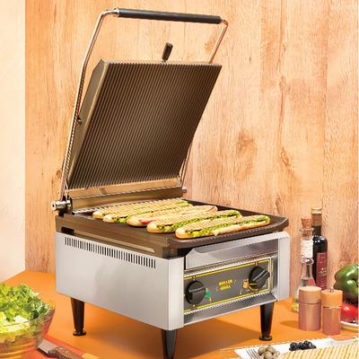 Equipex PANINIXL/1 G/S Single Commercial Panini Press w/ Cast Iron Grooved & Smooth Plates, 120v, Grooved Top/Smooth Bottom Plates, 14" x 14" Cooking Surface, Stainless Steel