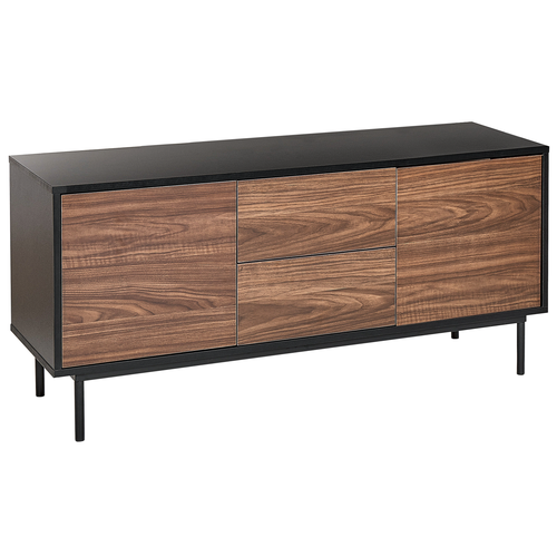 Sideboard Dunkler Holzfarbton und Schwarz Faserplatte Stahl 120 x 38 x 55 cm Holzoptik Schubladen Türen Tip-on Technik Metallgestell Wohnzimmer