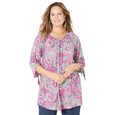Plus Size Women's Ruched Neck Tie-Sleeve Top by Catherines in Vintage Rose Outlined Paisley (Size 6X)