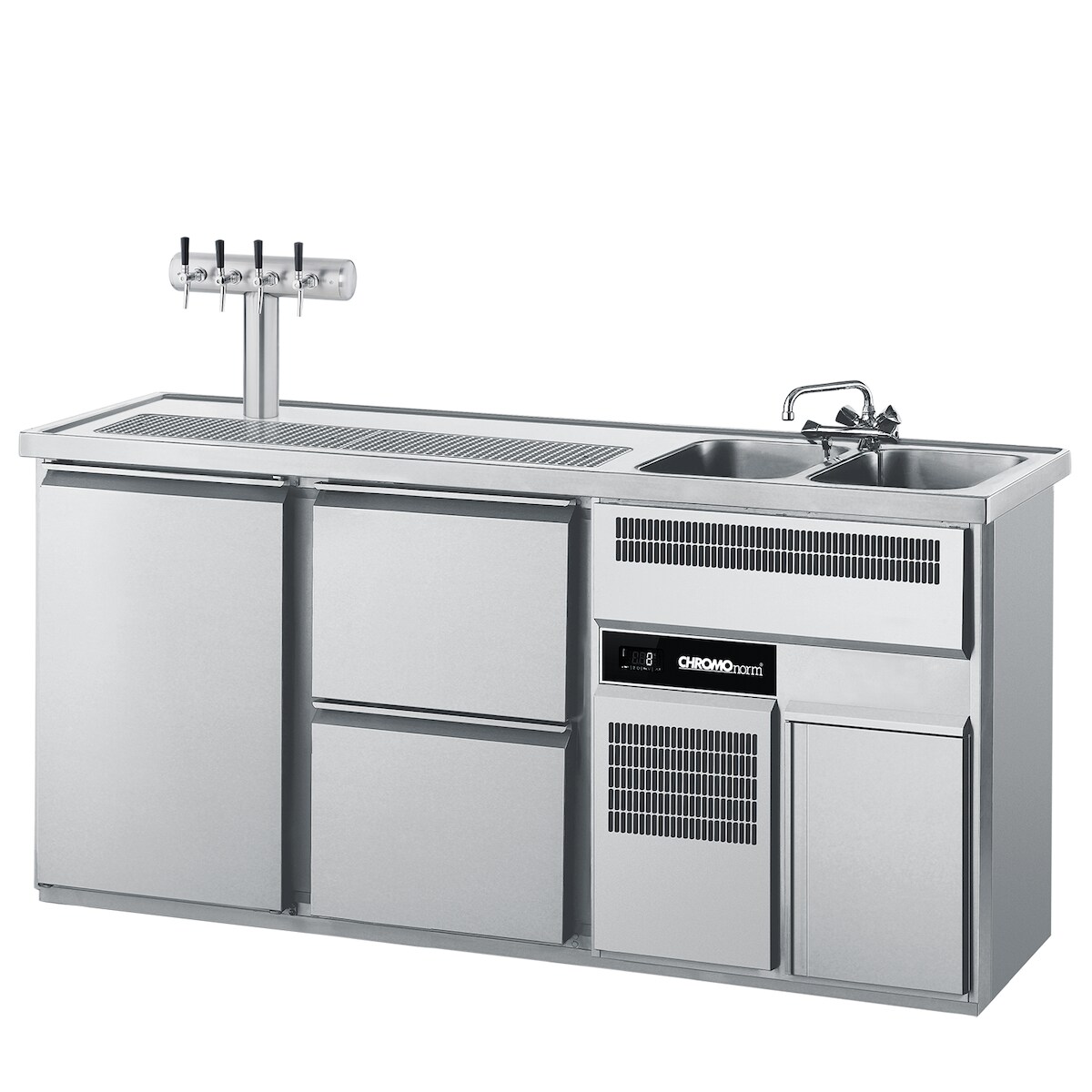 CHROMOnorm Getränketheke mit zwei Becken rechts, eine Tür und 2 Züge 1/2 Image