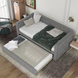 Twin Size Upholstered Daybed with Trundle, Upholstered Daybed with Padded Back, Space Saving Furniture for Bedroom Living Room