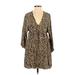Zara TRF Casual Dress - Mini Plunge 3/4 sleeves: Brown Print Dresses - Women's Size X-Small - Print Wash
