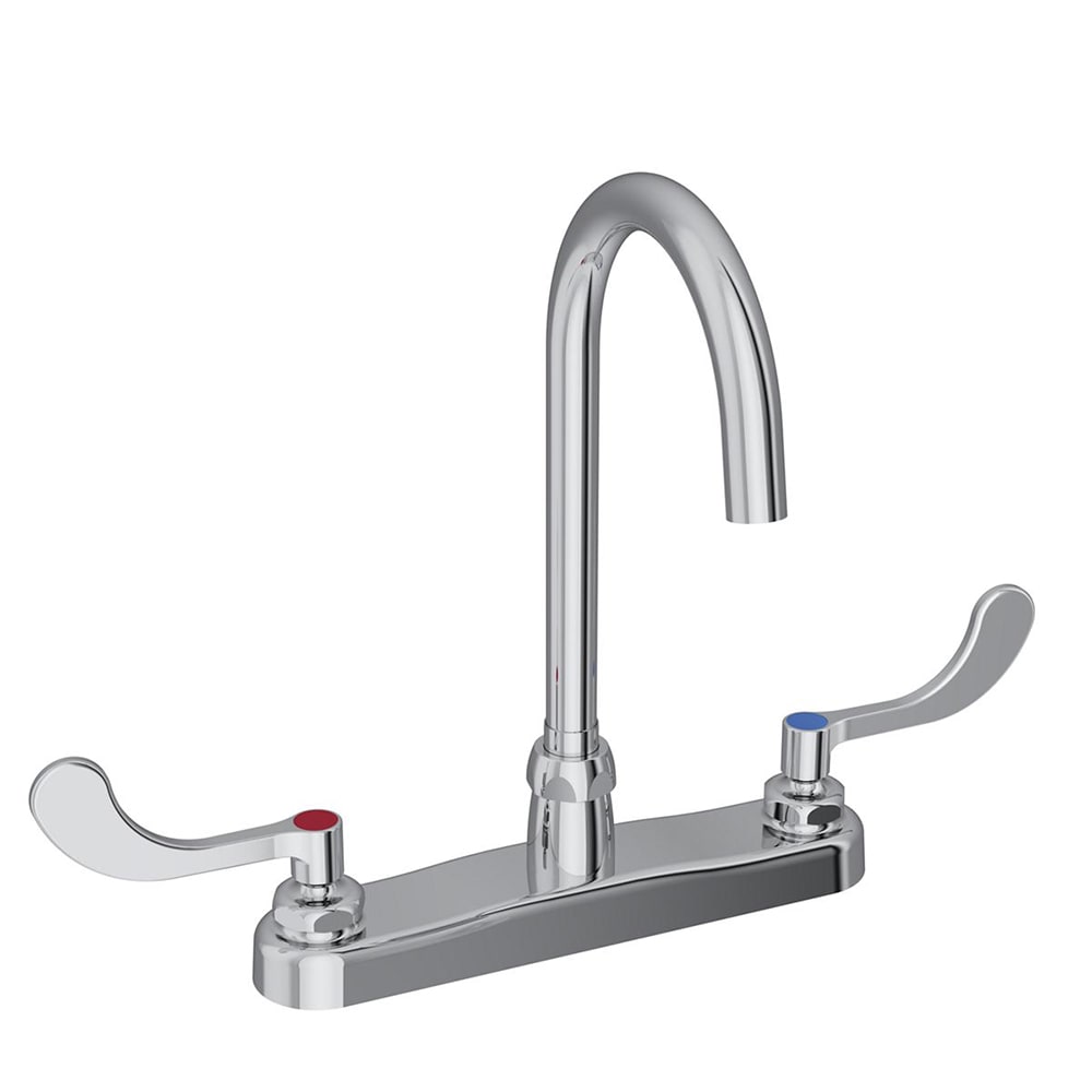 Elkay LK810GN05T4 Deck Mount Faucet w/ 5" Gooseneck Spout & 4" Wrist Blade Handles - 8" Centers, Silver