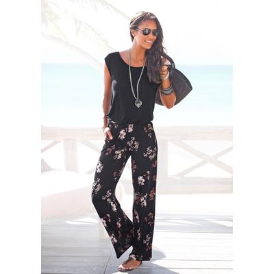 Overall LASCANA, Damen, Gr. 44, N-Gr, bunt (bedruckt), Jersey, Obermaterial: 100% Viskose, bedruckt, casual, figurumspielend lang, Rundhals, Kurzarm, Overalls, mit weitem Bein und Taschen, lockerer Jumpsuit, sommerlich, Topseller Image