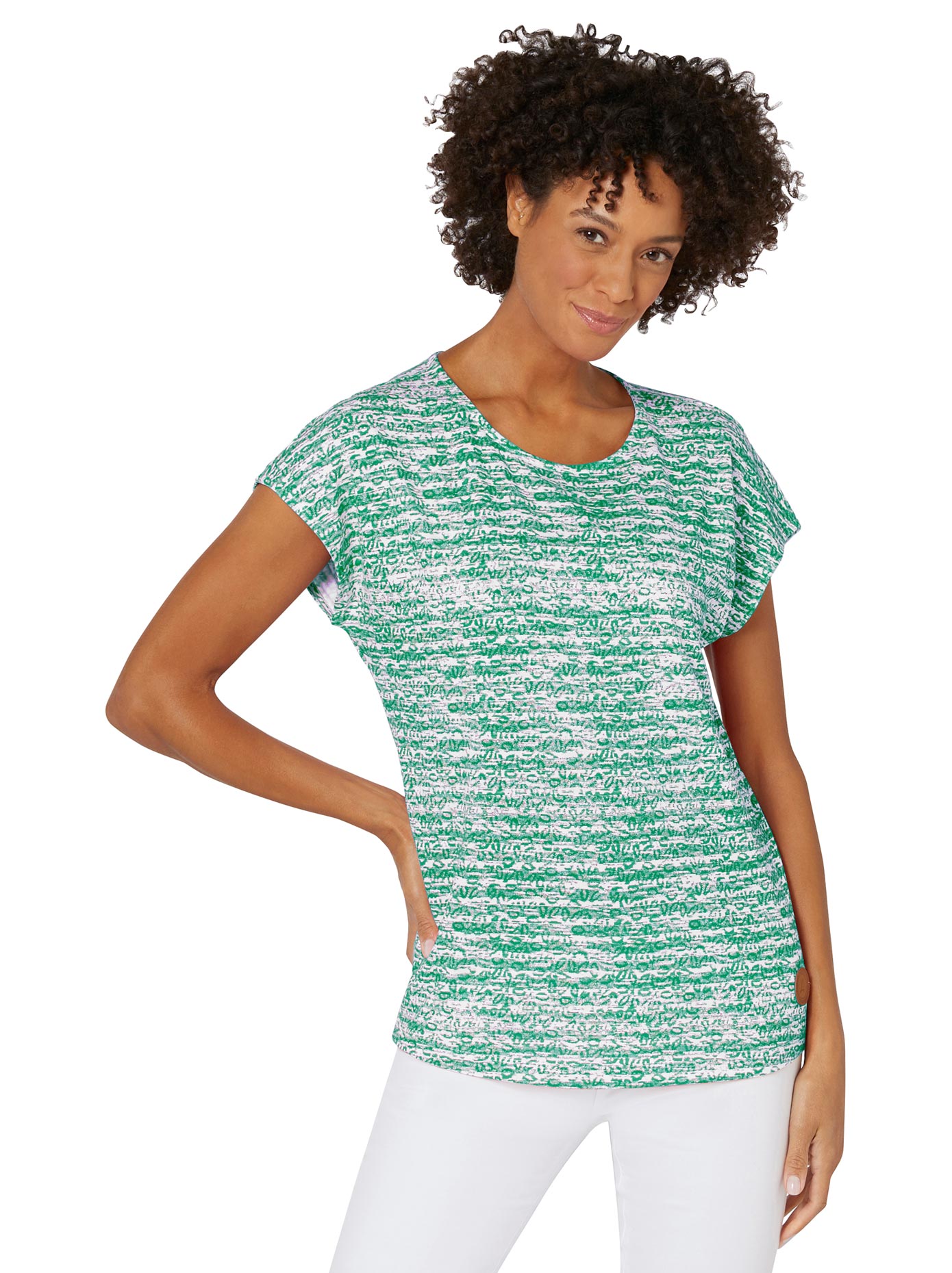 Kurzarmshirt CASUAL LOOKS "Shirt", Damen, Gr. 40, grün (grün, ecru, geringelt), 50% Baumwolle, 50% Modal, gemustert, mehrfarbig, Rundhals, Shirts