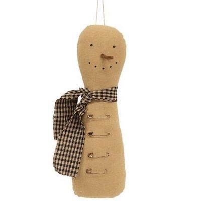 Safety Pin Snowman Ornament – Rustic Fabric Snowman with Gingham Scarf and Distressed Finish 10”