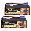 2Packs 3S Lipo Battery Pack, Nihewo 11.1V RC Battery 5200mAh 80C Hard Case Lipo Batteries EC5 Connector Compatible with Arrma Axial 1/8 1/10 RC Car Truck Truggy Vehicles Tank Boat Airplane Models