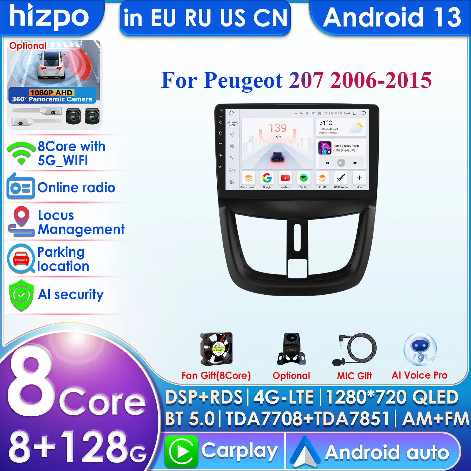 AutoRadio Android 14 autoradio lecteur multimédia pour Peugeot 207 CC 207CC 2006 2007 2008 2009 2010 - 2015 2Din GPS vidéo stéréo