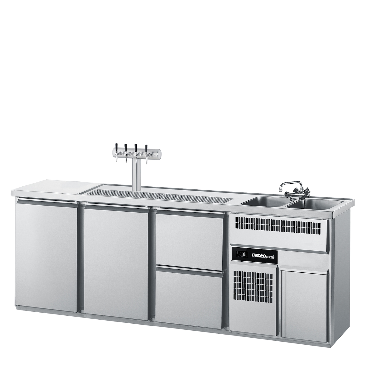 CHROMOnorm Getränketheke mit zwei Becken rechts, zwei Türen und 2 Zügen 1/2 Image