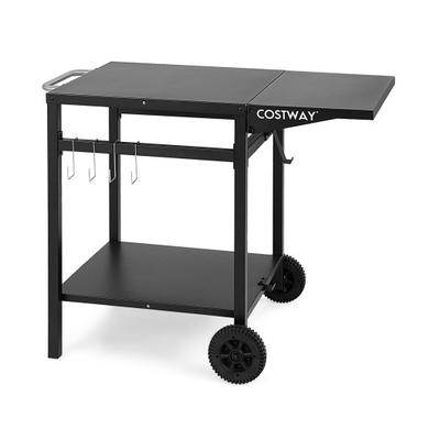 Costway Movable Outdoor Grill Cart with Folding Tabletop and Hooks-Black