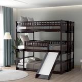 Espresso Full-Over-Full-Over-Full Triple Bunk Bed with Ladder, Slide and Mission Slats Style Guardrails, Total 3 Full Beds