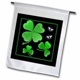 3dRose A pretty shamrock clover design on a dark background with little silvery white butterflies - Garden Flag 12 by 18-inch