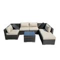 8 Pieces Patio Recliner Sofa Set Aluminum Frame Full Assembled Outdoor Sectional Rattan Sofa Set All Weather Mix Brown Wicker Conversation Set with Beige Cushions and Throw Pillows