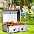 Gas Grill for Outdoor Portable with 2 Burner Max 20 000 BTU total Folding Legs Built-in Thermometer Travel Locks Stainless Steel Tabletop Propane Gas Grill for Camping Picnic Cooking BBQ