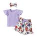 JDEFEG Girl Outfits Size 6X Toddler Kids Girl Clothes Soild Ribbed Ruffle Sleeve Top Floral Prints Bowknot Pants Shorts Headband 3Pcs Outfit Set Christmas Outfits Toddler Girls Cotton Blends Purple 90