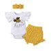 JDEFEG Little Character Set Baby Boys Girls Summer Outfits Letter Pattern Short Sleeve Bodysuit Romper Tops Floral Shorts Pants Headband 3Pcs Clothes Set Cute Long Sleeve Crop Top Cotton Yellow 90