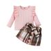 JDEFEG Baby Girl Clothes Bundles Toddler Girls Ruffles Long Sleeve Solid Ribbed T Shirt Tops Plaid Prints Bow Tie Skirt Outfits Teen Sweatpants Outfit Cotton Blend Red 120