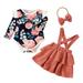 JDEFEG Baby Girl Birth Gift Baby Girls Long Ruffled Sleeve Floral Print Romper Bodysuit Tops Solid Suspender Skirt with Headbands Outfits Set 3Pcs Preemie Girl Clothes Bundles Polyester Pink 90