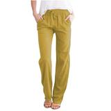 Dadaria Wide Leg Linen Pants for Women Petite Length Loose Cotton Linen with Pocket Solid Trousers Pants Yellow XL Female
