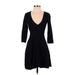 Forever 21 Casual Dress - Mini Plunge 3/4 sleeves: Black Solid Dresses - Women's Size Small