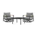 Royal and Tiffany 3 Piece Outdoor Patio Swivel Seating Set in Black Aluminum with Teak Wood and Grey Cushions