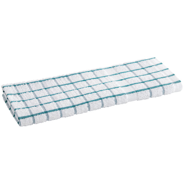 Oxford Kitchen Ensemble 15" x 25" White / Green Windowpane 32 oz. 100% Ringspun Cotton Kitchen Towel - 12/Pack
