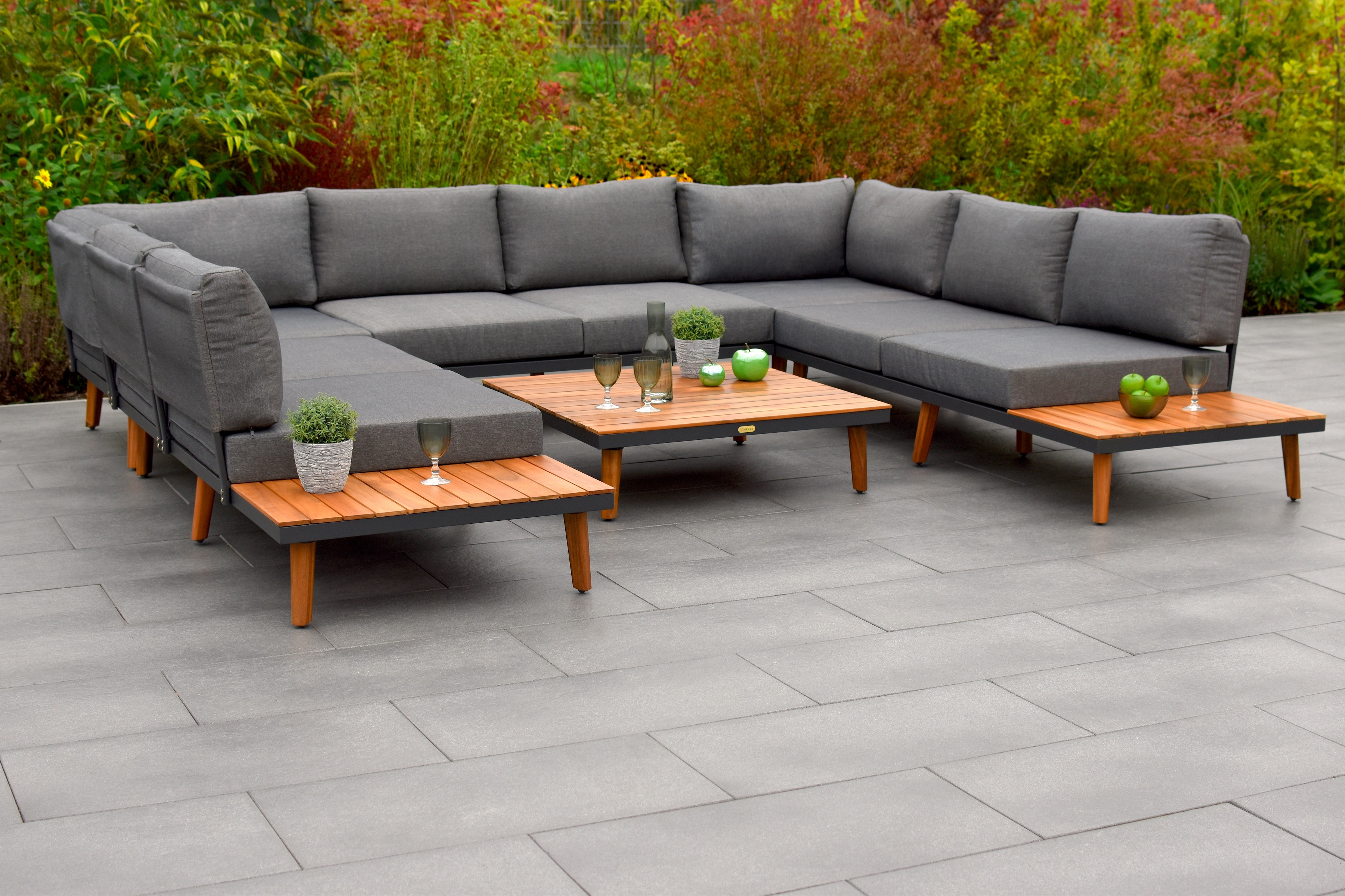 Garten-Essgruppe MERXX "Akropolis", braun (braun, grafit, grafit), Polyester, Aluminium, Massivholz, Polyester, Sitzmöbel-Sets, Aluminiumgestell mit Akazienholz, FSC 100 %, geeignet für 8 Personen